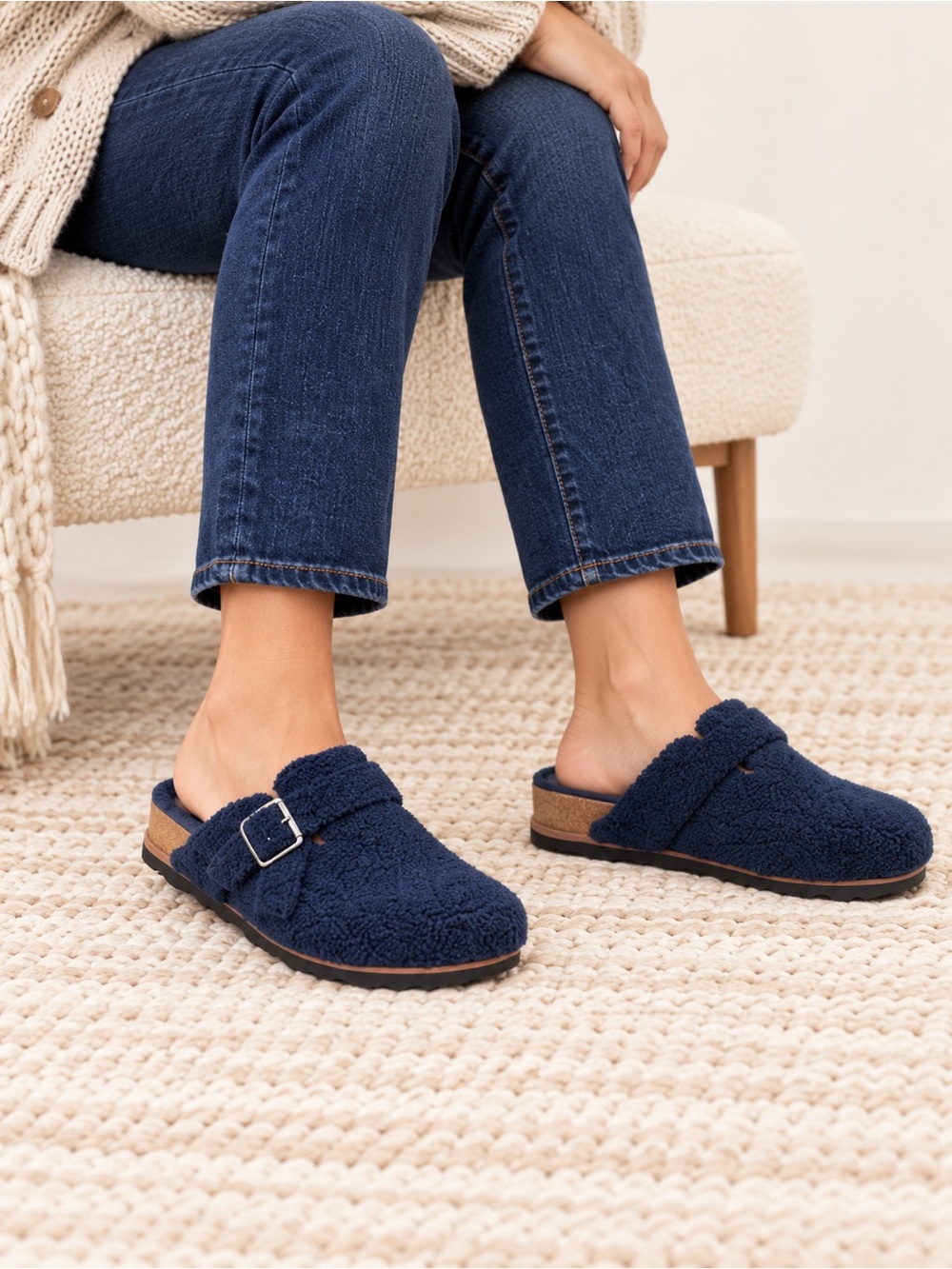 Clarks Brynn Slide Navy Teddy Sherpa Fuzzy Clogs NEW Size 7.5